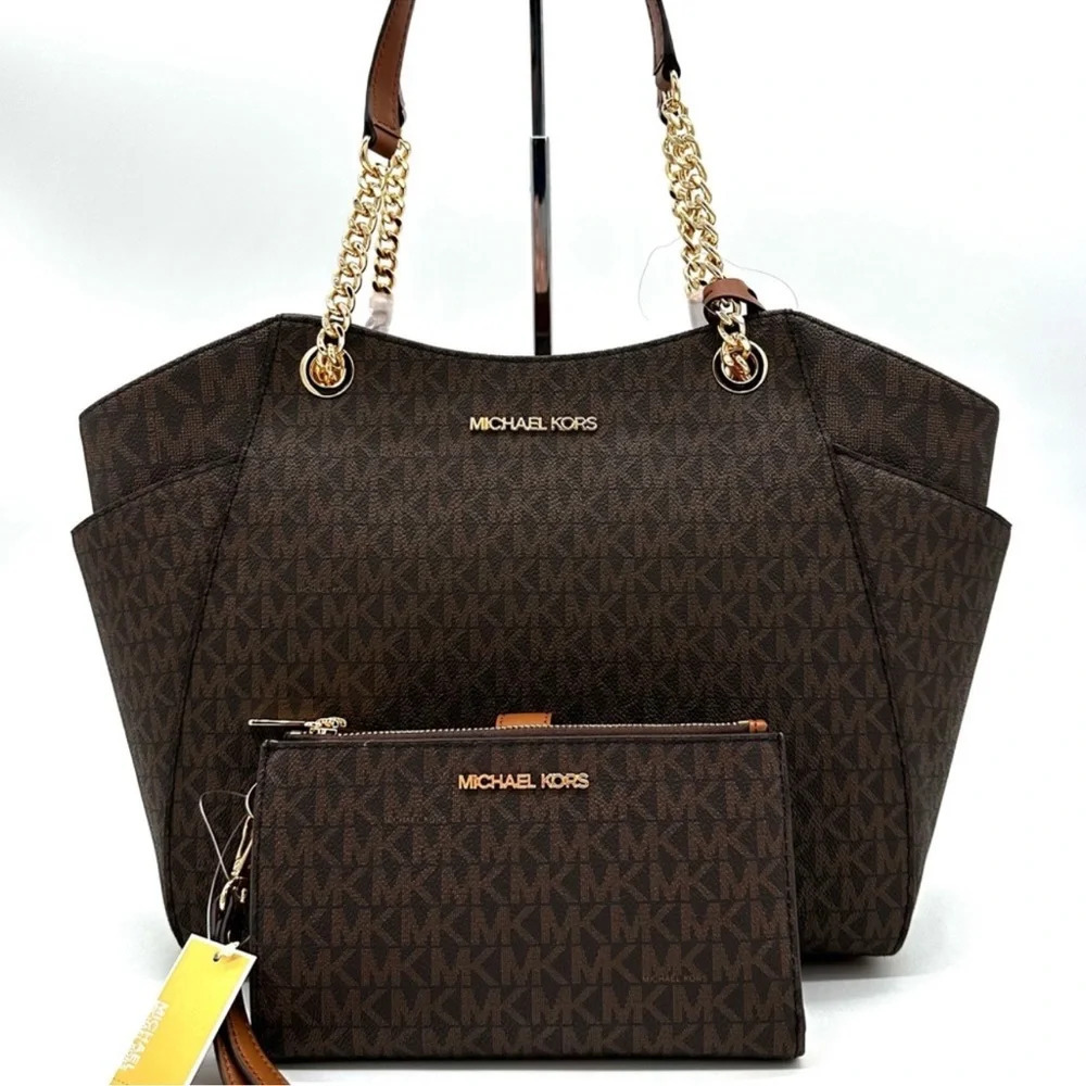 Michael Kors Large Jet Set Travel Chain Shoulder Bag & Double Zip Wallet Brown - Picture 1 of 15